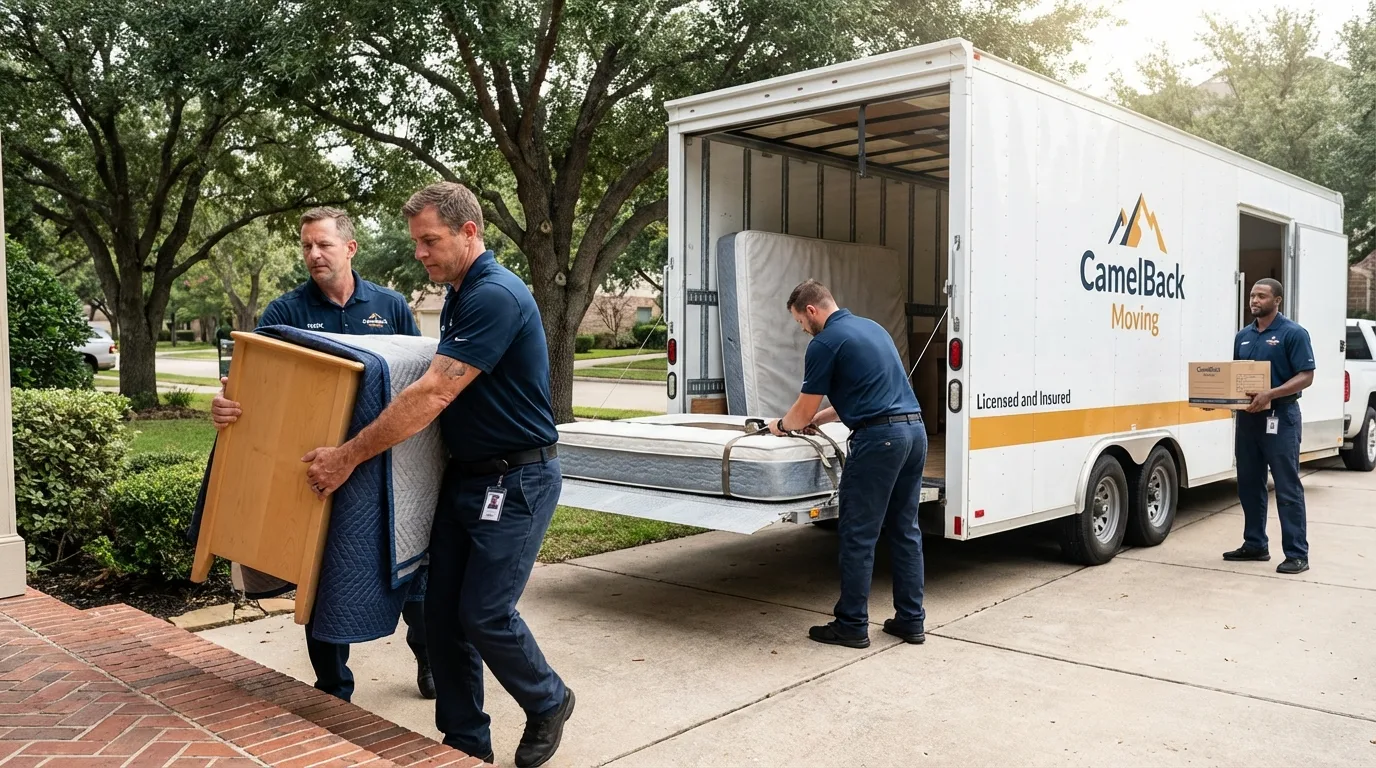 Crew loading residential truck for cross-state move from Fairland, OK