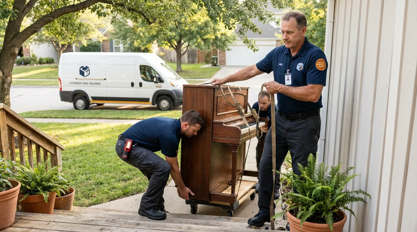 Licensed piano movers securing grand piano in Fairland, OK