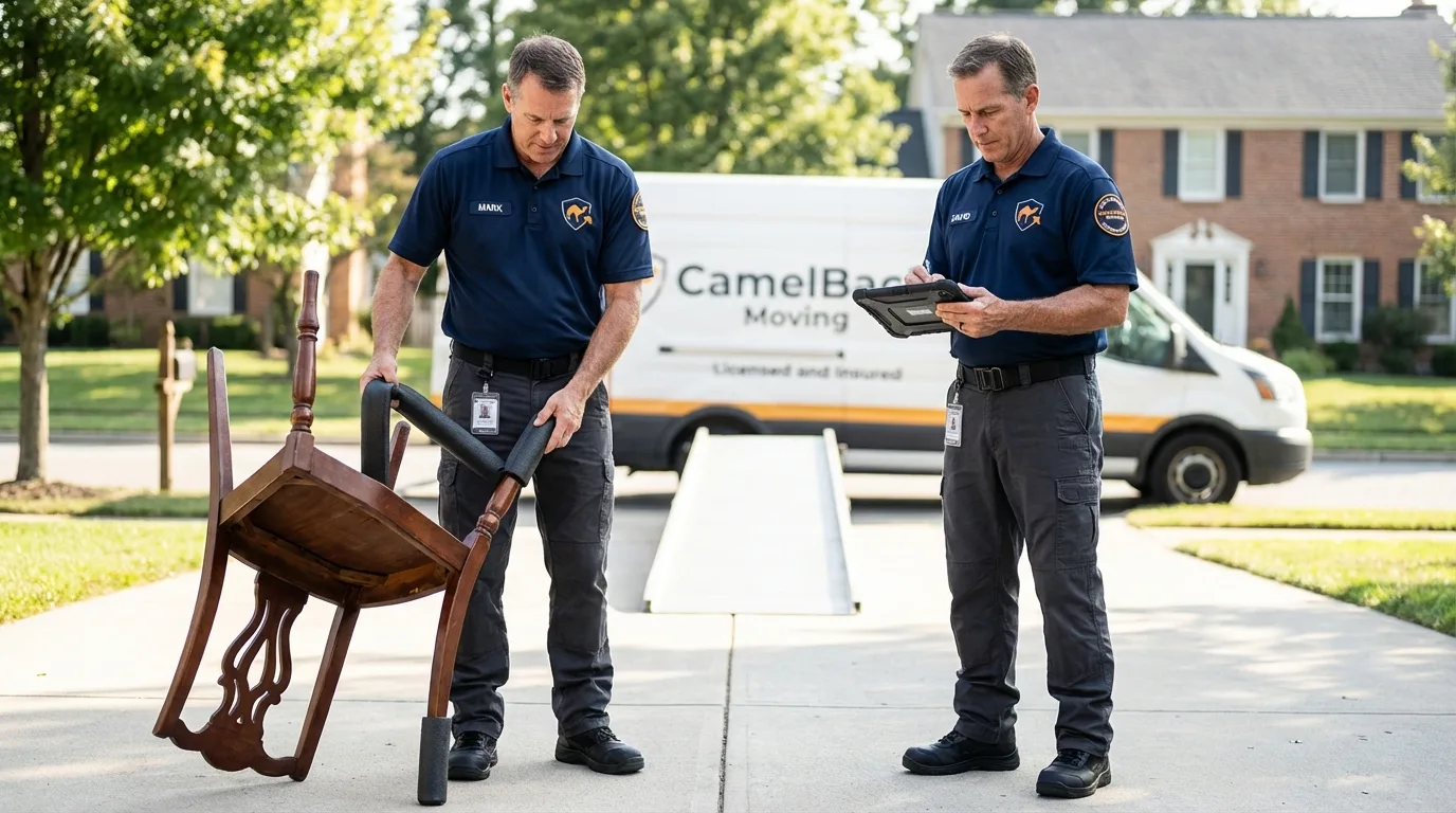 Movers inspecting furniture for damage prevention before loading in Fairland, OK