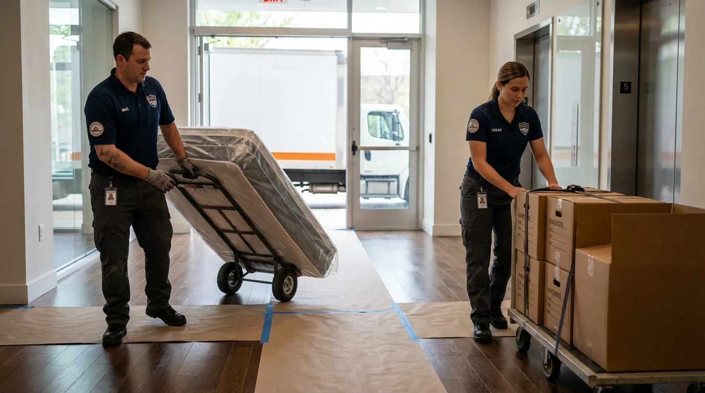 Professional apartment movers loading elevator in Fairland, OK