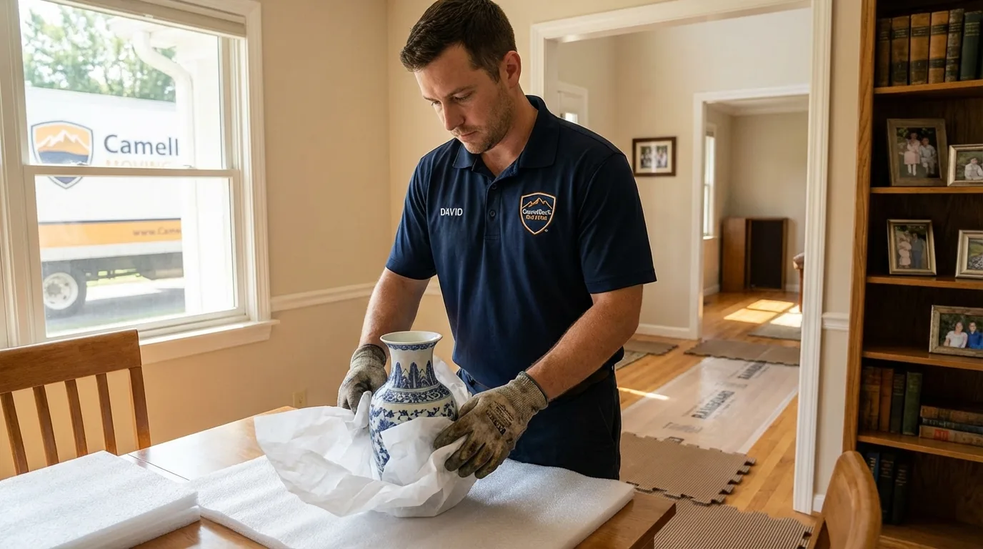 Professional crew carefully wrapping antique vase for senior downsizing move in Fairland, OK